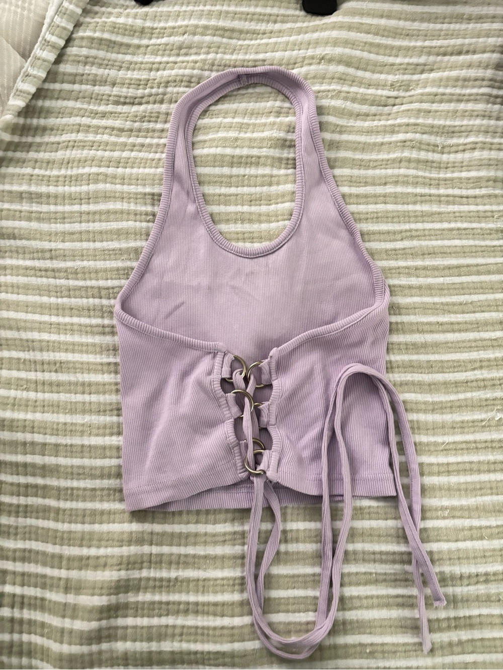 The Ragged Priest Ribbed Lace-Up Halter Crop Top - Lavender (XS) - Picture 4 of 6